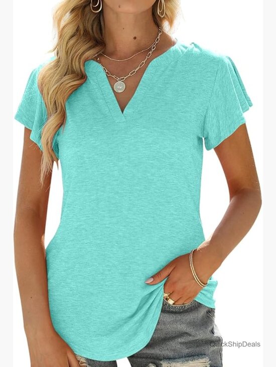 Tops - V-Neck Ruffle Short Sleeve Tunic Blouse - Polyester Rayon Spandex Blend